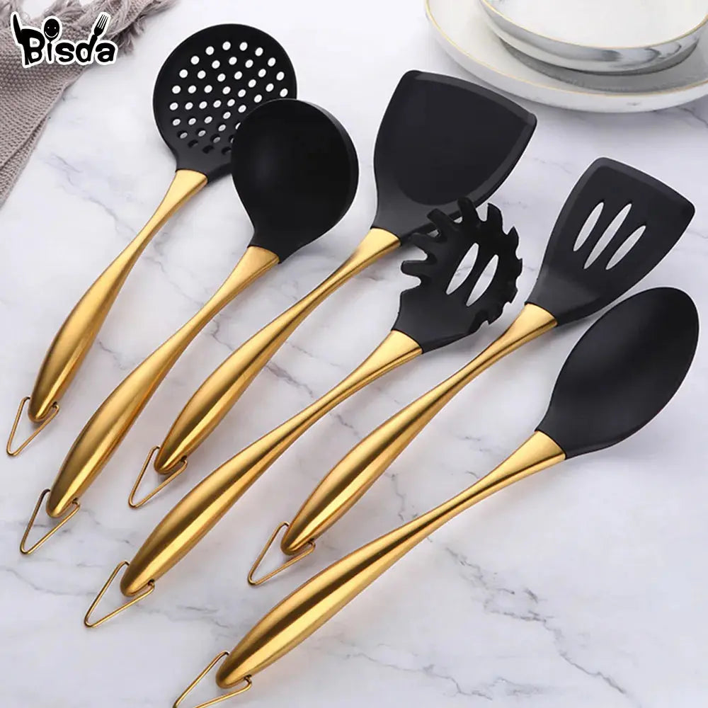Gold Cooking Tool Set Silicone Head Kitchenware Stainless Steel Handle Soup Ladle Colander Set Turner Serving Spoon Kitchen Tool Collection41
