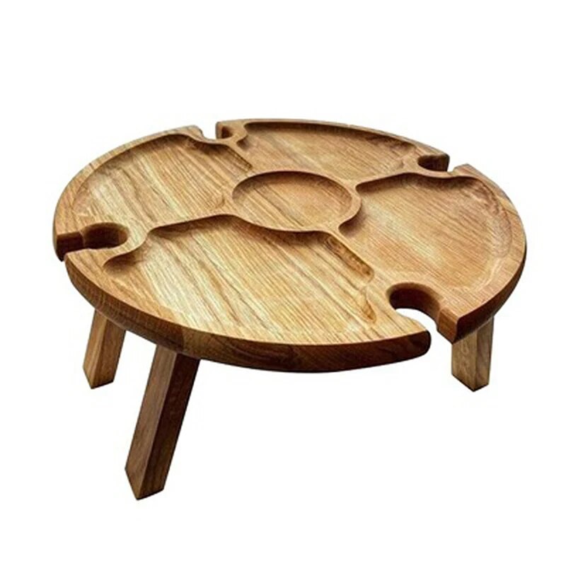Wooden Outdoor Foldable Picnic Table With Glasses Holder Round Desk Wine Glass Rack Collapsible Table For Garden Party