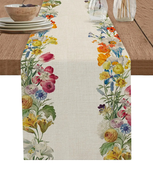 Spring Chrysanthemums Flowers Linen Table Runners Wedding Decoration Washable Table Runners for Dining Table Party Decor