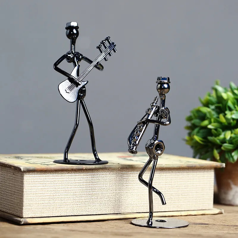 Metal Musician Guitar Player Statue Musical Instrument Little Iron Art Collectible Figurine Home Cafe Office Book Shelf Decorate